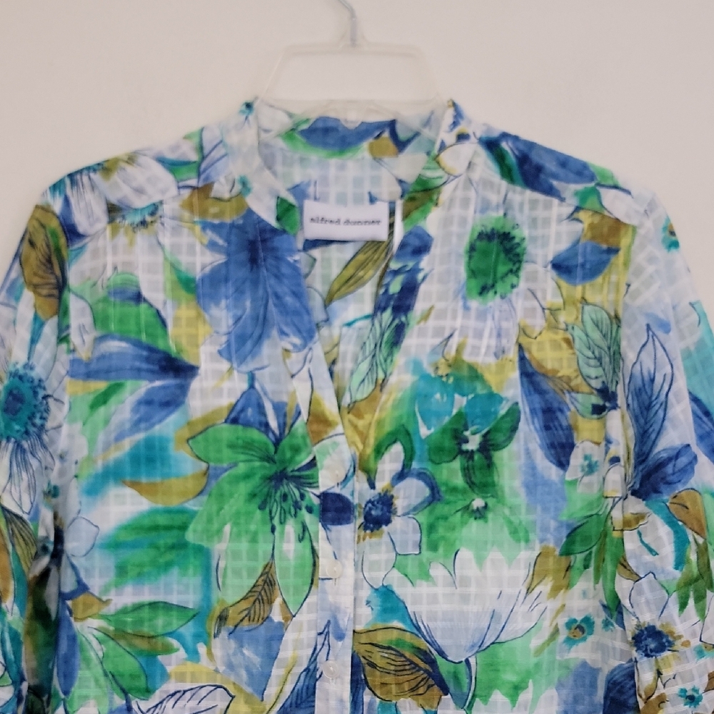 Alfred Dunner Blue, Aqua, Green & White Watercolored Floral Cotton Blouse Top 12